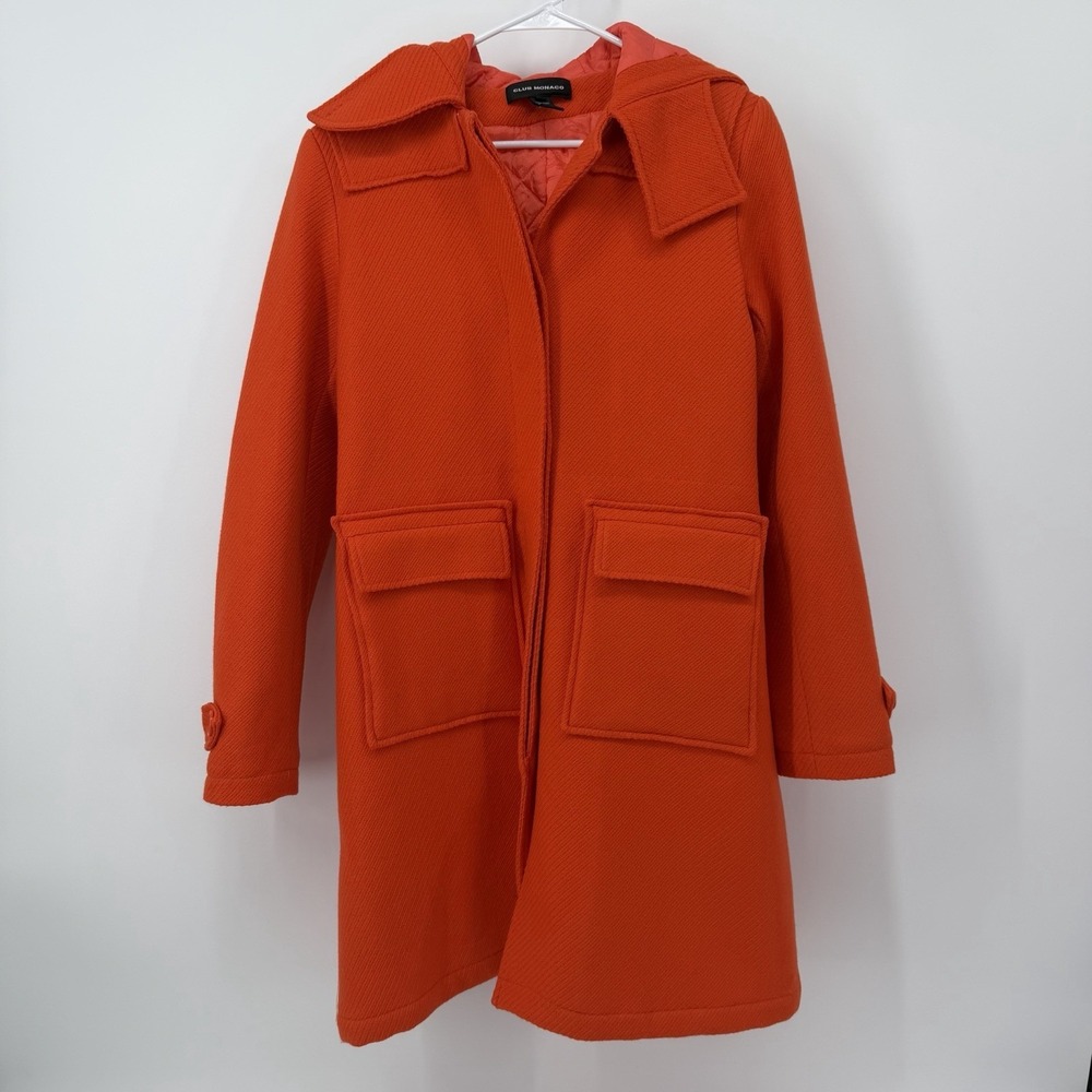 Club Monaco Orange 100% Wool Thick Peacoat Button Front‎ Hooded Women's Medium